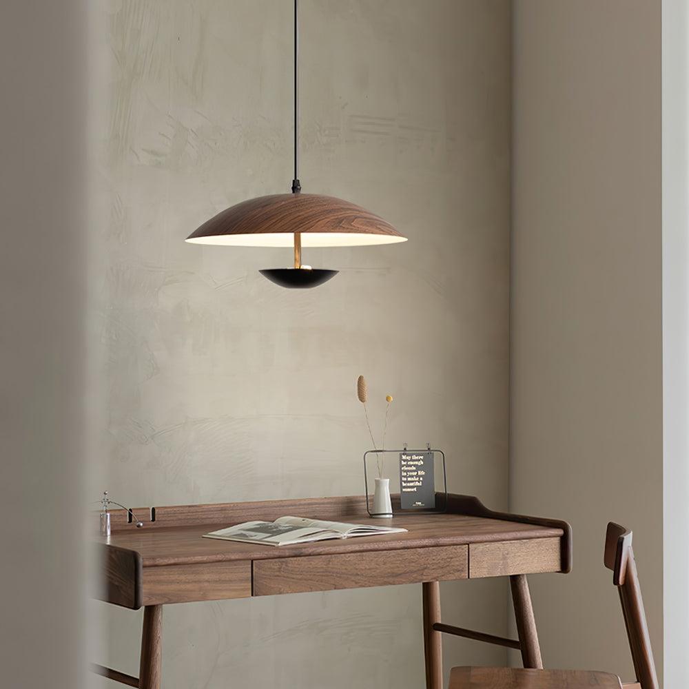 Modern Frisbee LED Pendant Light Wood Grain Hanging Lamp for Kitchen Island and Dining Room