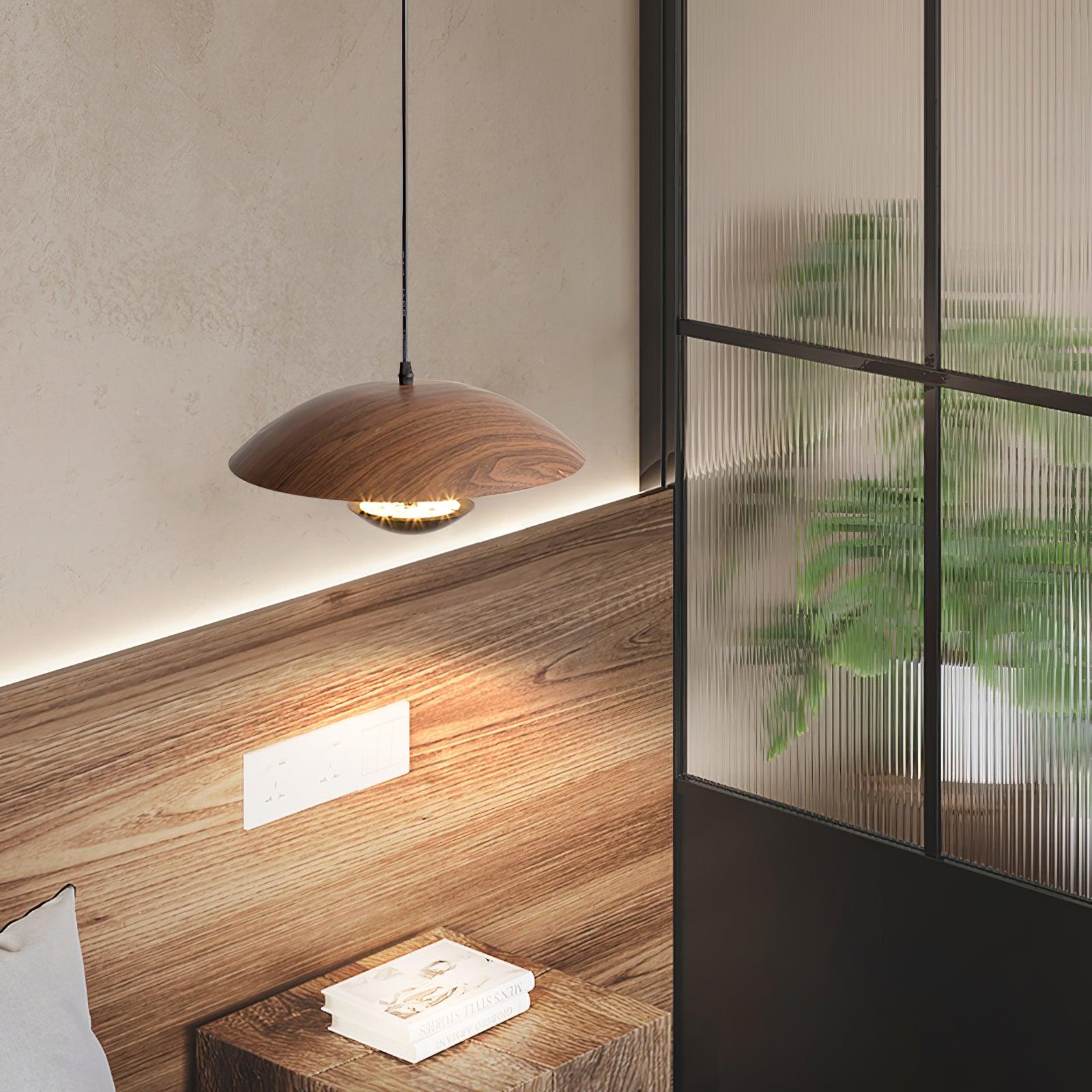 Modern Frisbee LED Pendant Light Wood Grain Hanging Lamp for Kitchen Island and Dining Room