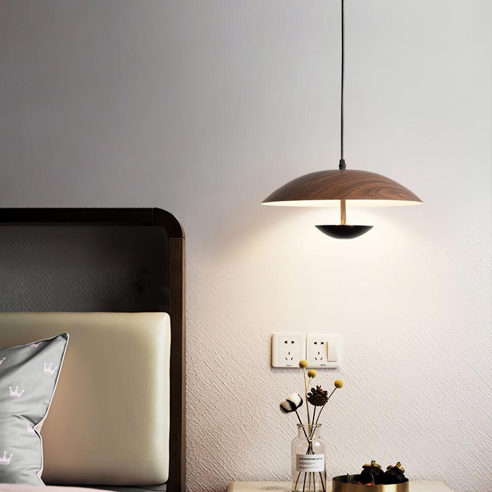 Modern Frisbee LED Pendant Light Wood Grain Hanging Lamp for Kitchen Island and Dining Room