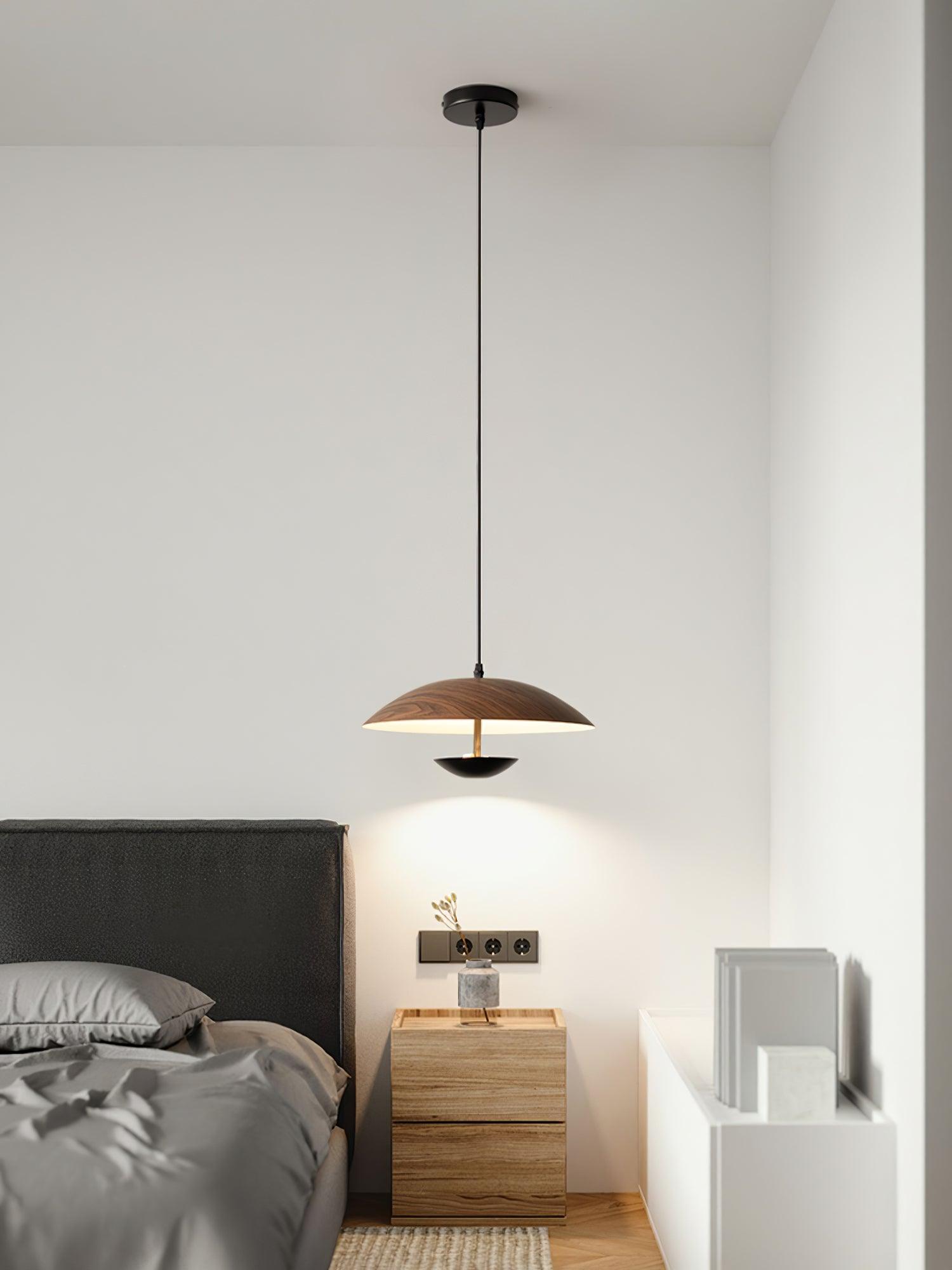 Modern Frisbee LED Pendant Light Wood Grain Hanging Lamp for Kitchen Island and Dining Room