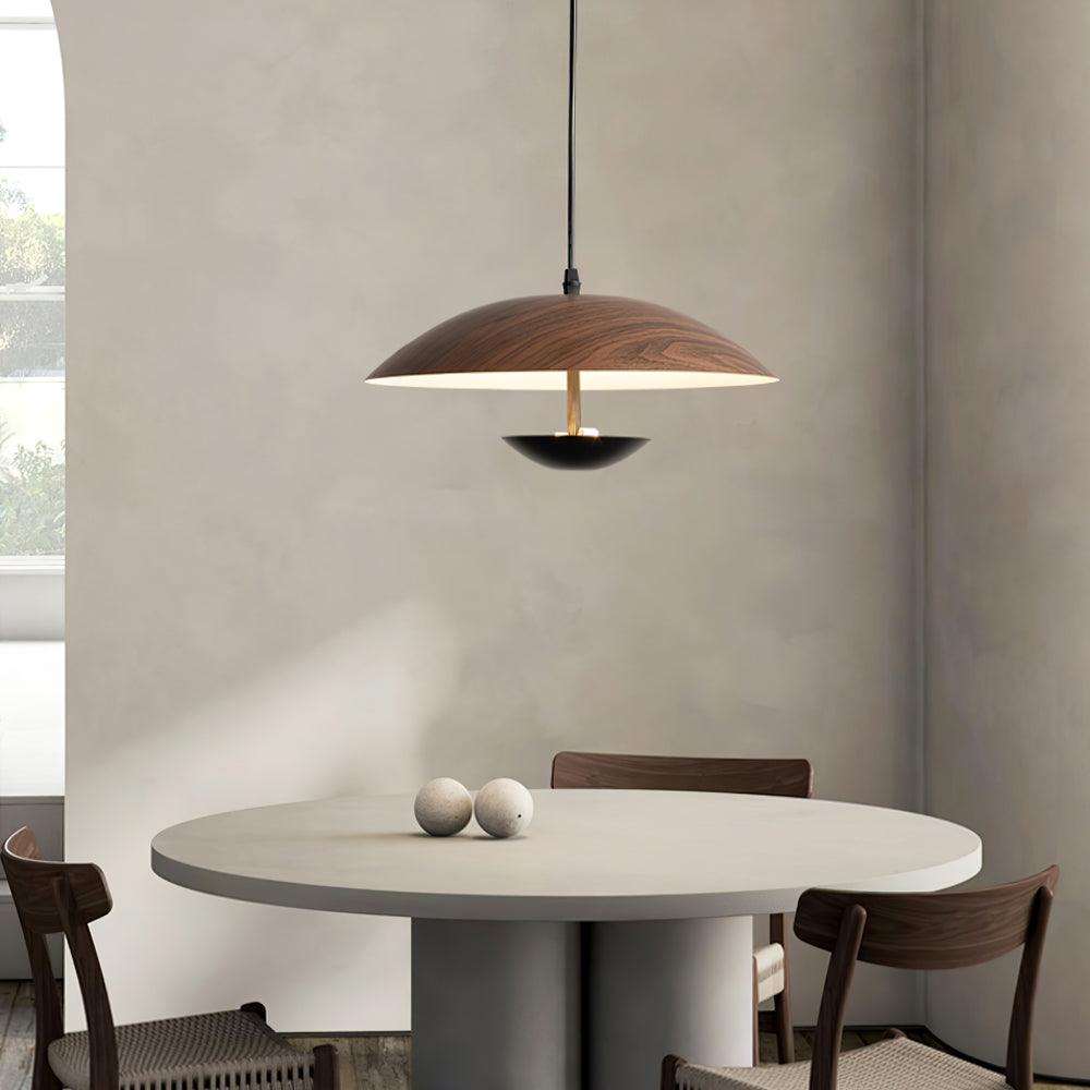 Modern Frisbee LED Pendant Light Wood Grain Hanging Lamp for Kitchen Island and Dining Room
