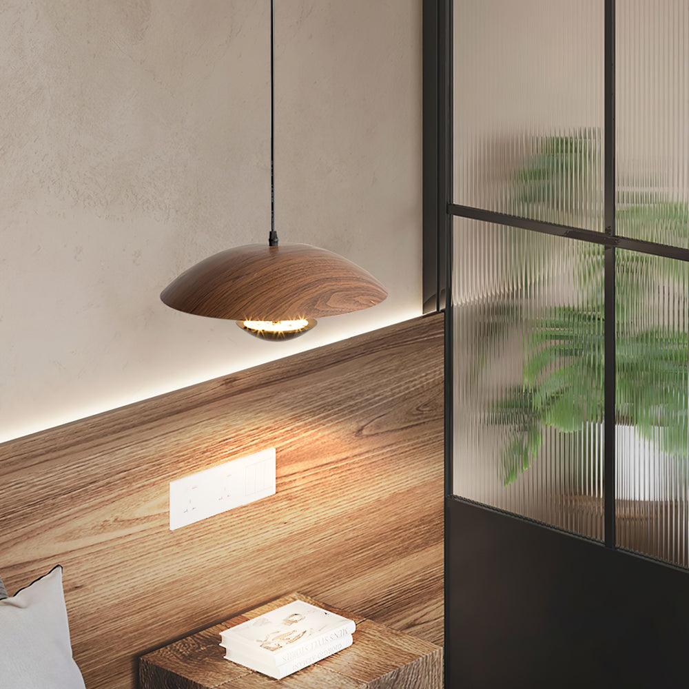 Modern Frisbee LED Pendant Light Wood Grain Hanging Lamp for Kitchen Island and Dining Room