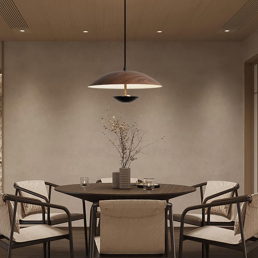 Modern Frisbee LED Pendant Light Wood Grain Hanging Lamp for Kitchen Island and Dining Room