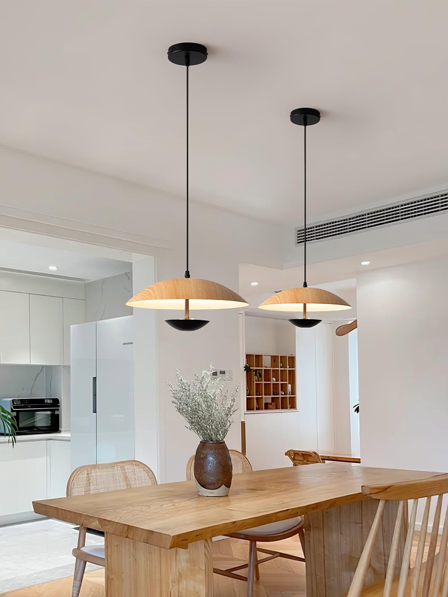 Modern Frisbee LED Pendant Light Wood Grain Hanging Lamp for Kitchen Island and Dining Room