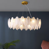 Modern Frosted Glass Feather Chandelier Multi Tier Gold Pendant Light for Living Room