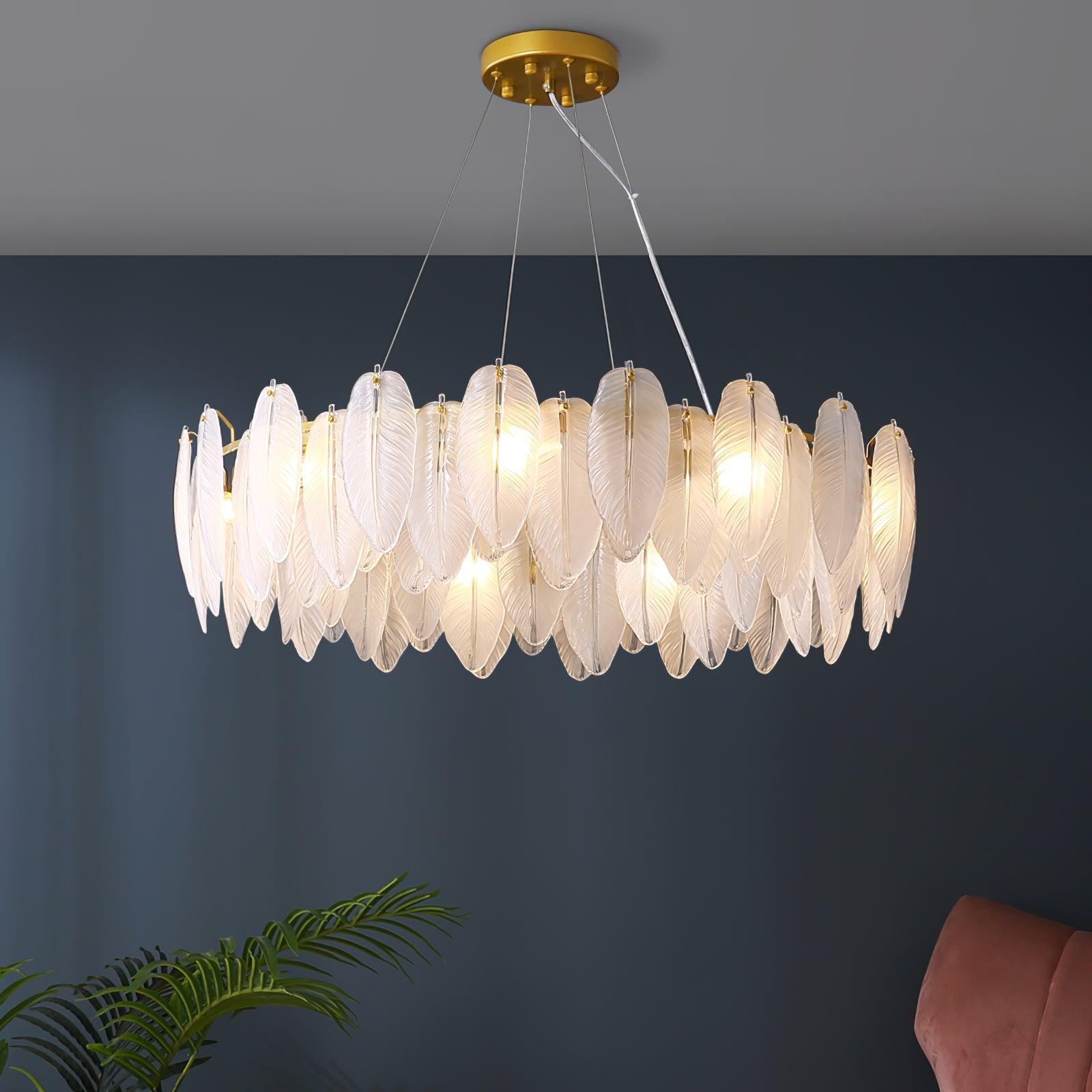 Modern Frosted Glass Feather Chandelier Multi Tier Gold Pendant Light for Living Room