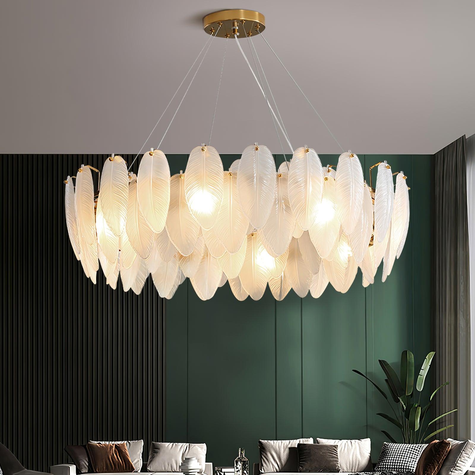 Modern Frosted Glass Feather Chandelier Multi Tier Gold Pendant Light for Living Room