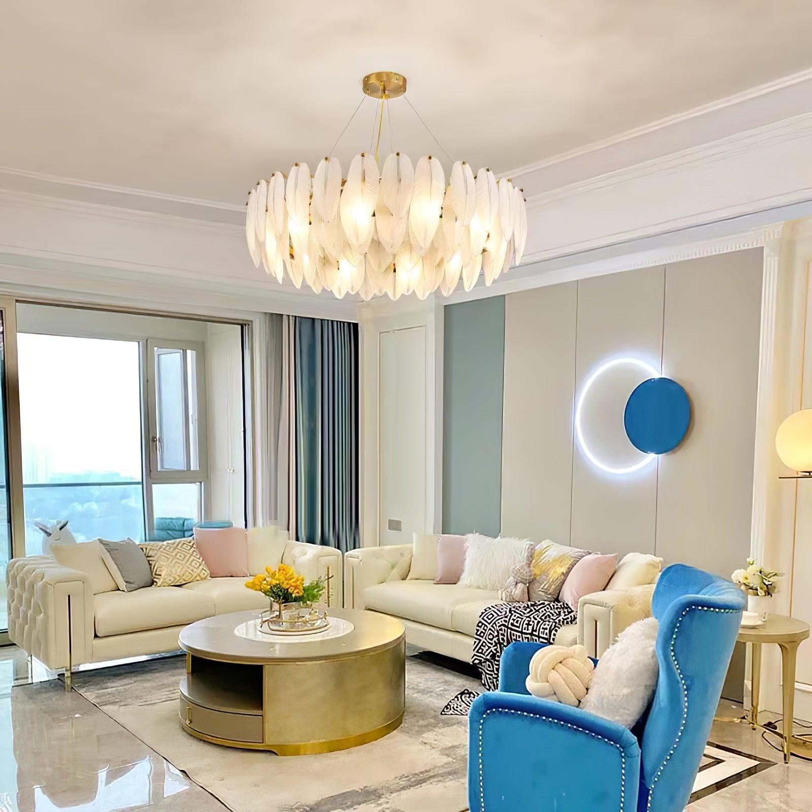 Modern Frosted Glass Feather Chandelier Multi Tier Gold Pendant Light for Living Room