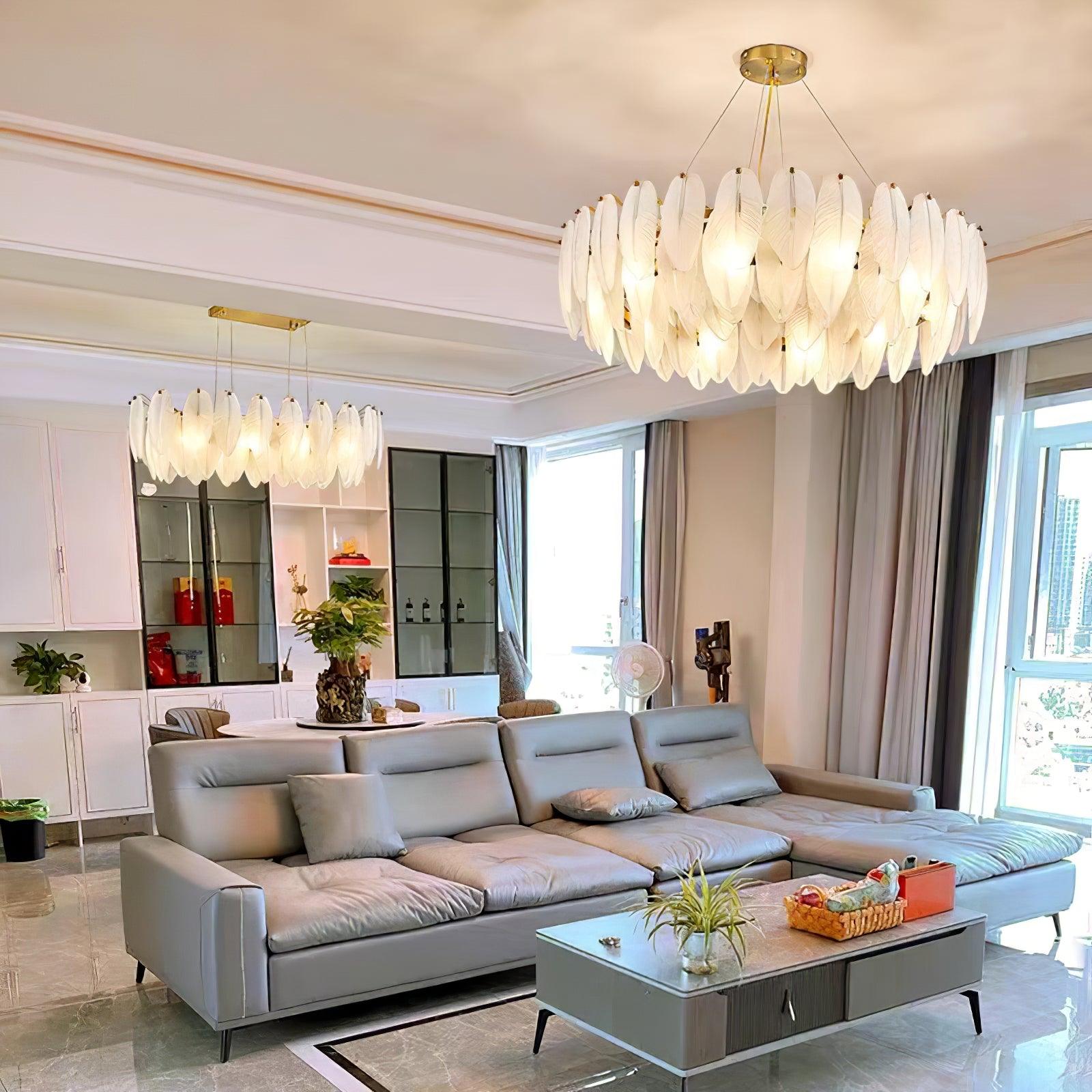 Modern Frosted Glass Feather Chandelier Multi Tier Gold Pendant Light for Living Room