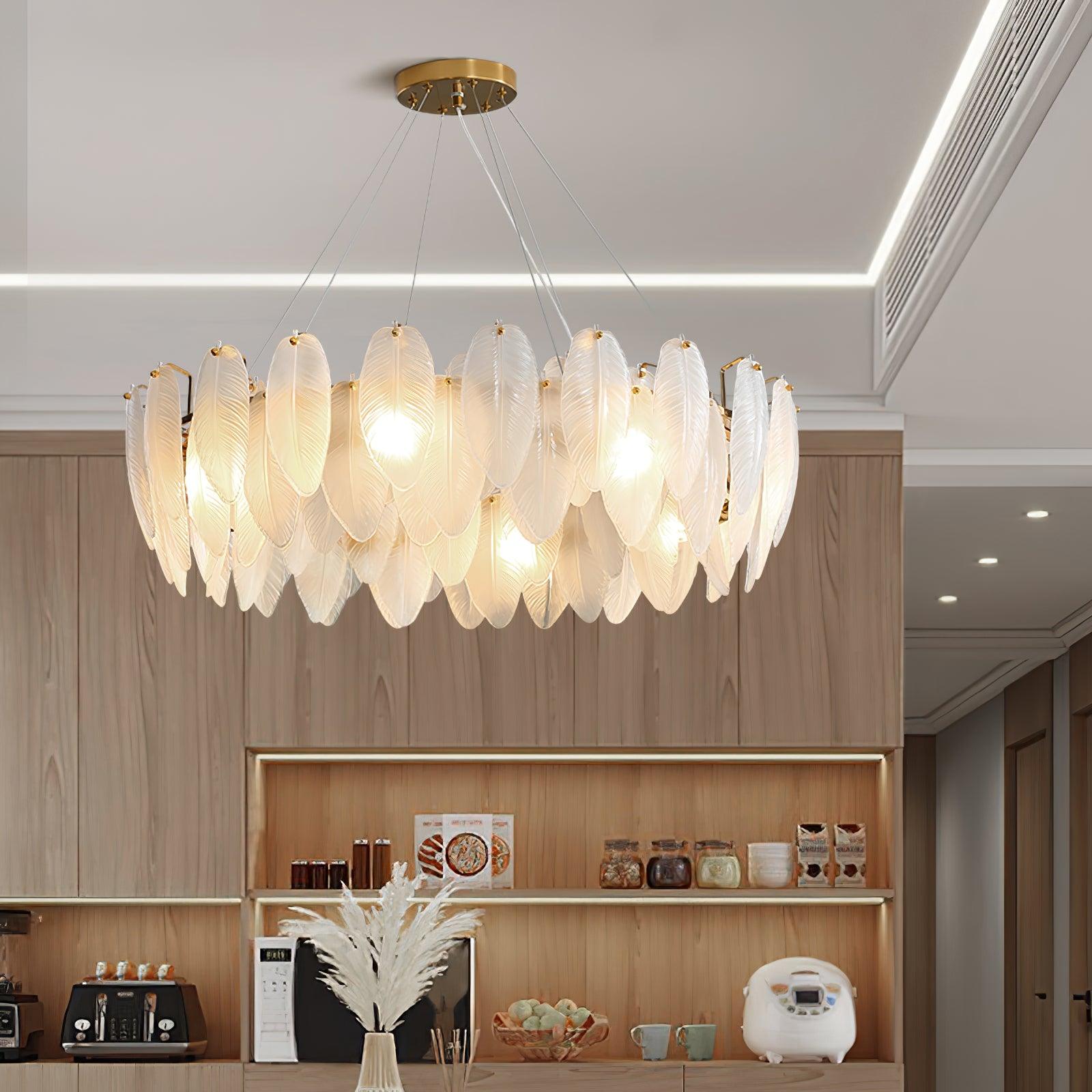 Modern Frosted Glass Feather Chandelier Multi Tier Gold Pendant Light for Living Room