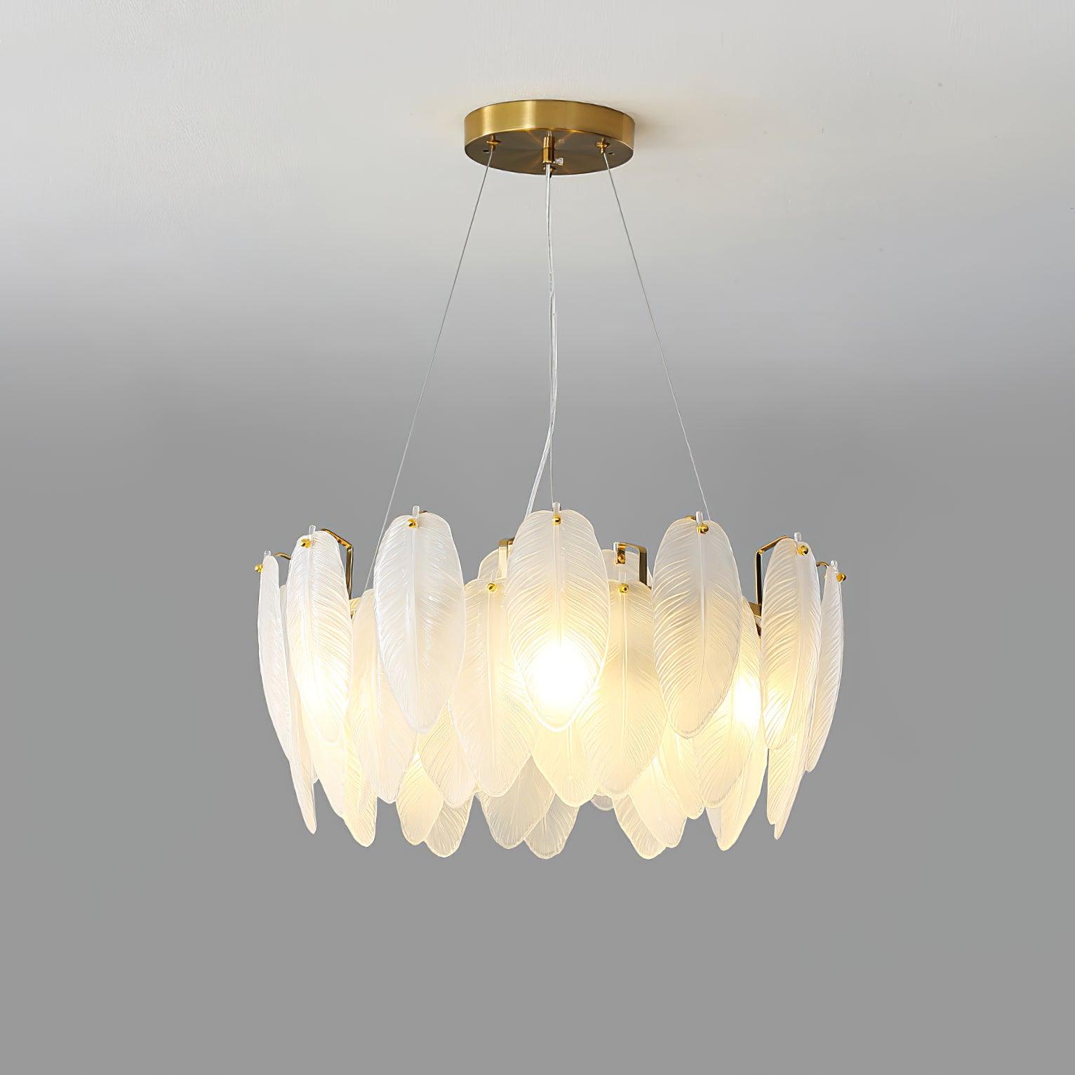 Modern Frosted Glass Feather Chandelier Multi Tier Gold Pendant Light for Living Room