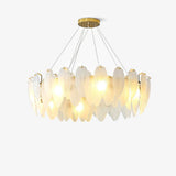 Modern Frosted Glass Feather Chandelier Multi Tier Gold Pendant Light for Living Room