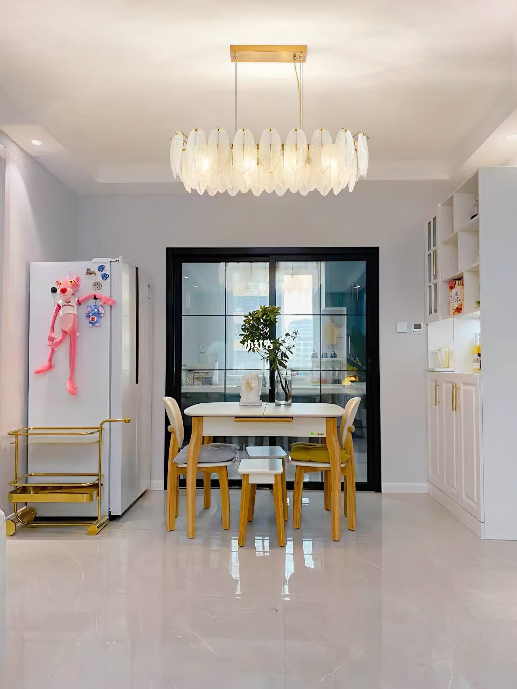 Modern Frosted Glass Feather Chandelier Multi Tier Gold Pendant Light for Living Room
