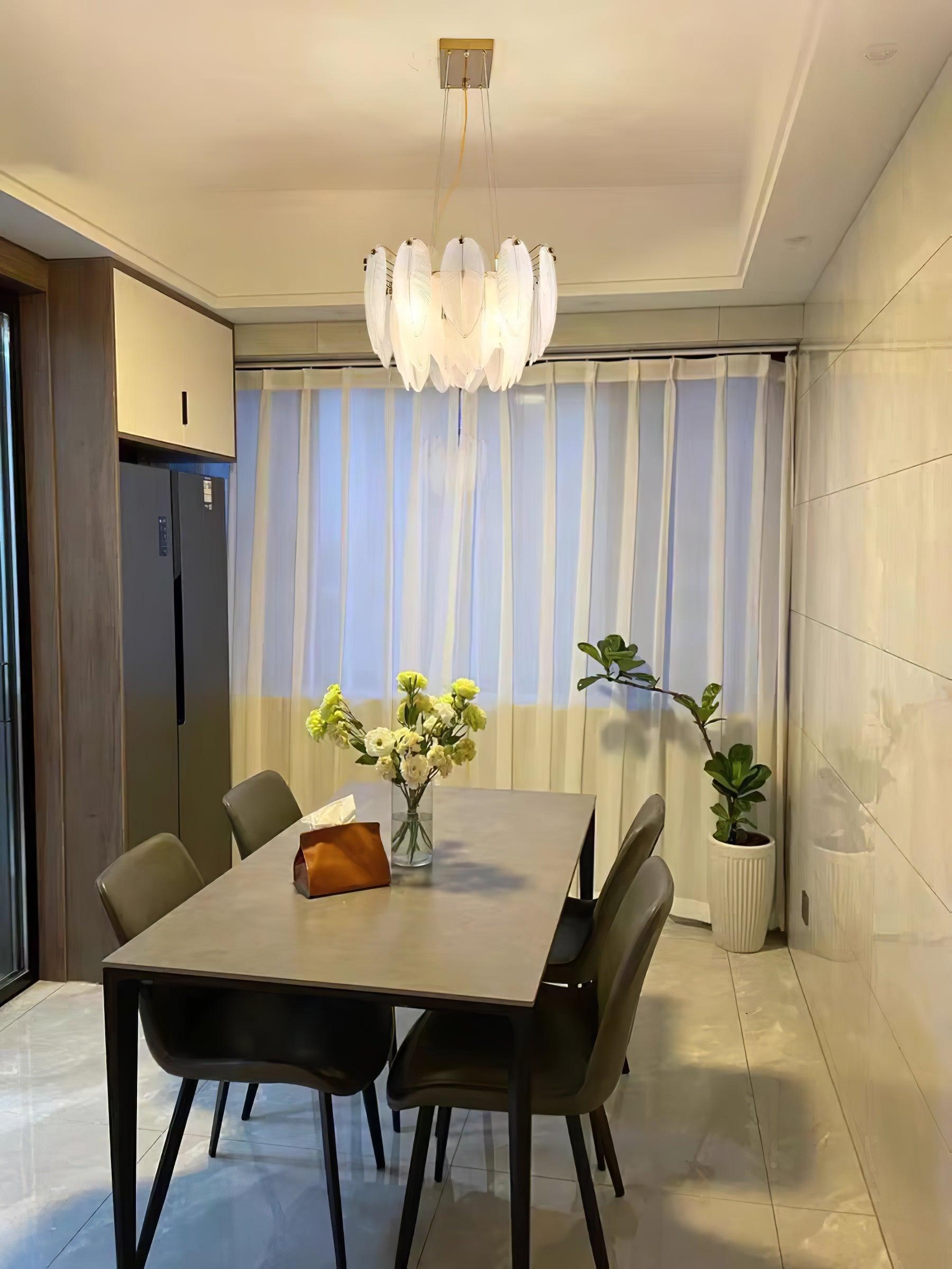 Modern Frosted Glass Feather Chandelier Multi Tier Gold Pendant Light for Living Room