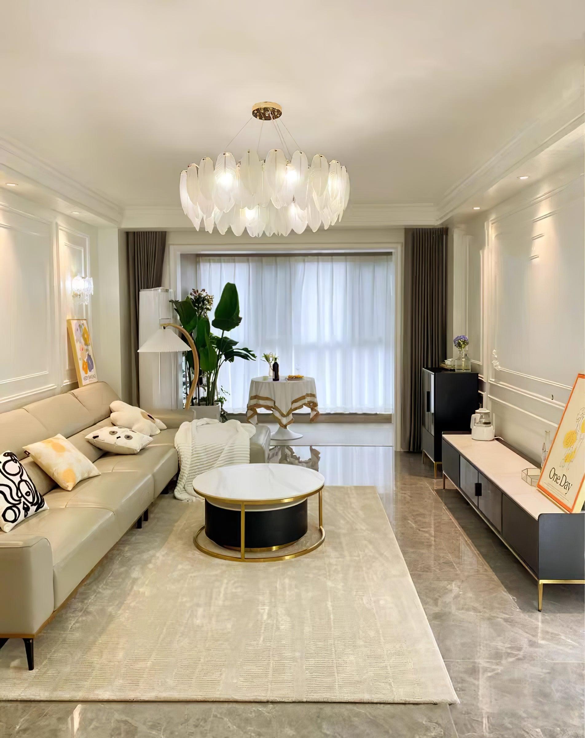 Modern Frosted Glass Feather Chandelier Multi Tier Gold Pendant Light for Living Room