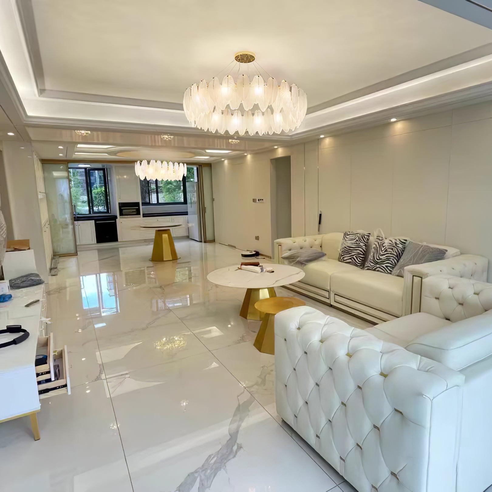Modern Frosted Glass Feather Chandelier Multi Tier Gold Pendant Light for Living Room
