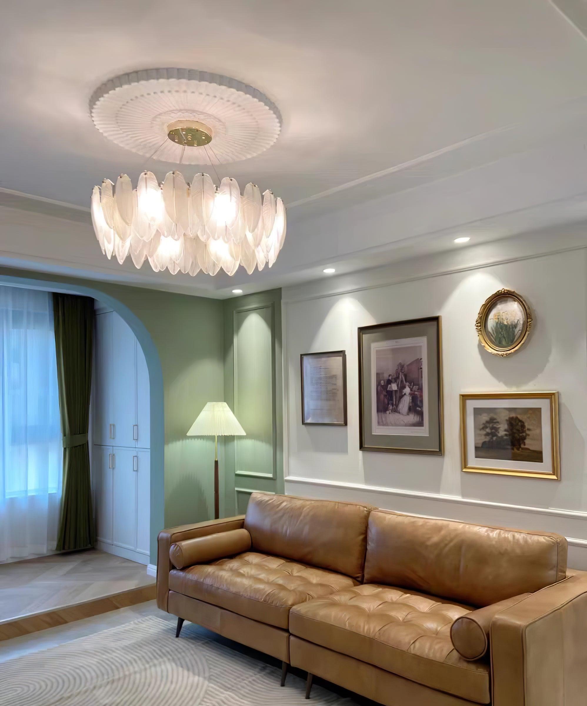 Modern Frosted Glass Feather Chandelier Multi Tier Gold Pendant Light for Living Room