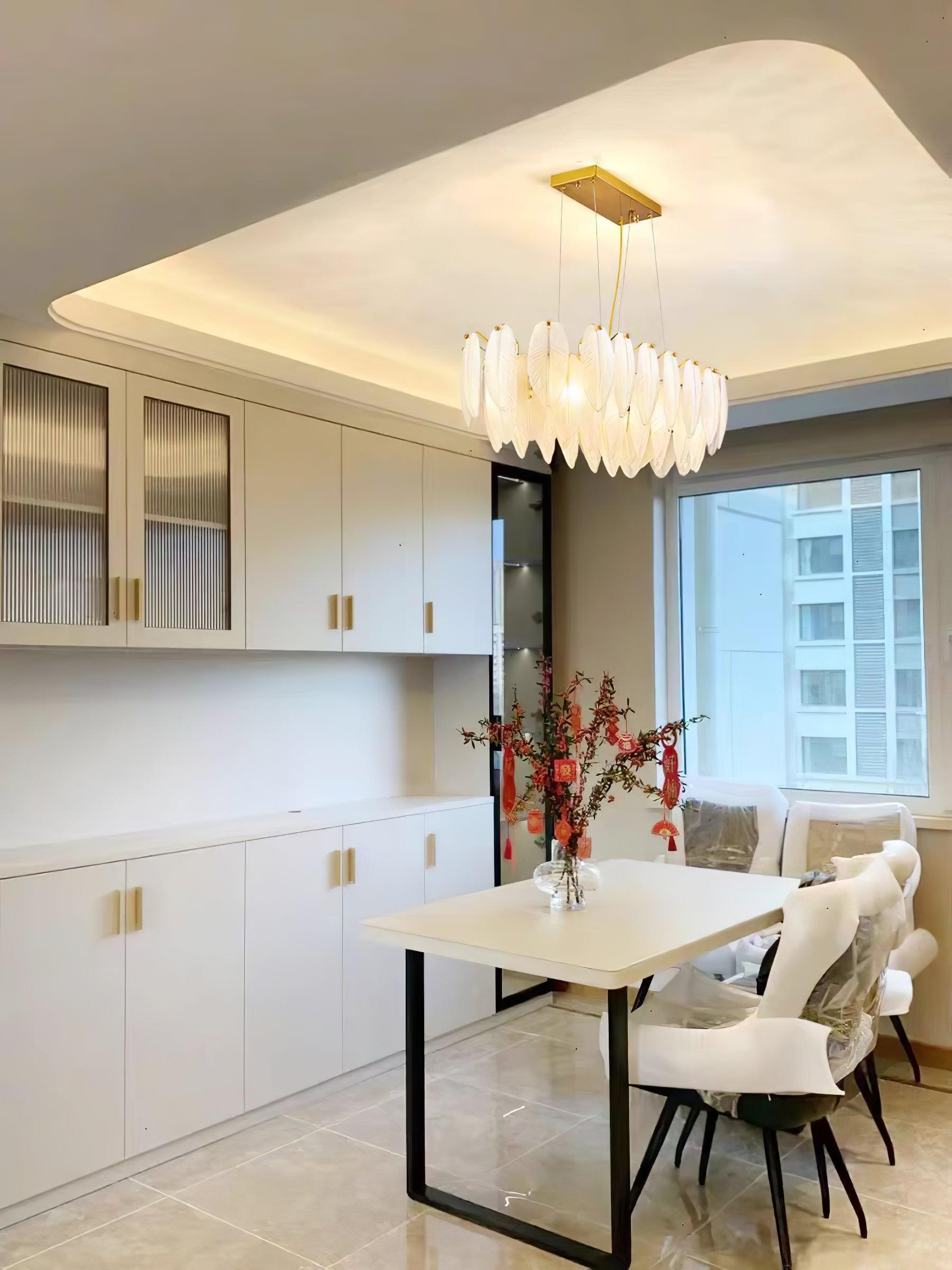 Modern Frosted Glass Feather Chandelier Multi Tier Gold Pendant Light for Living Room