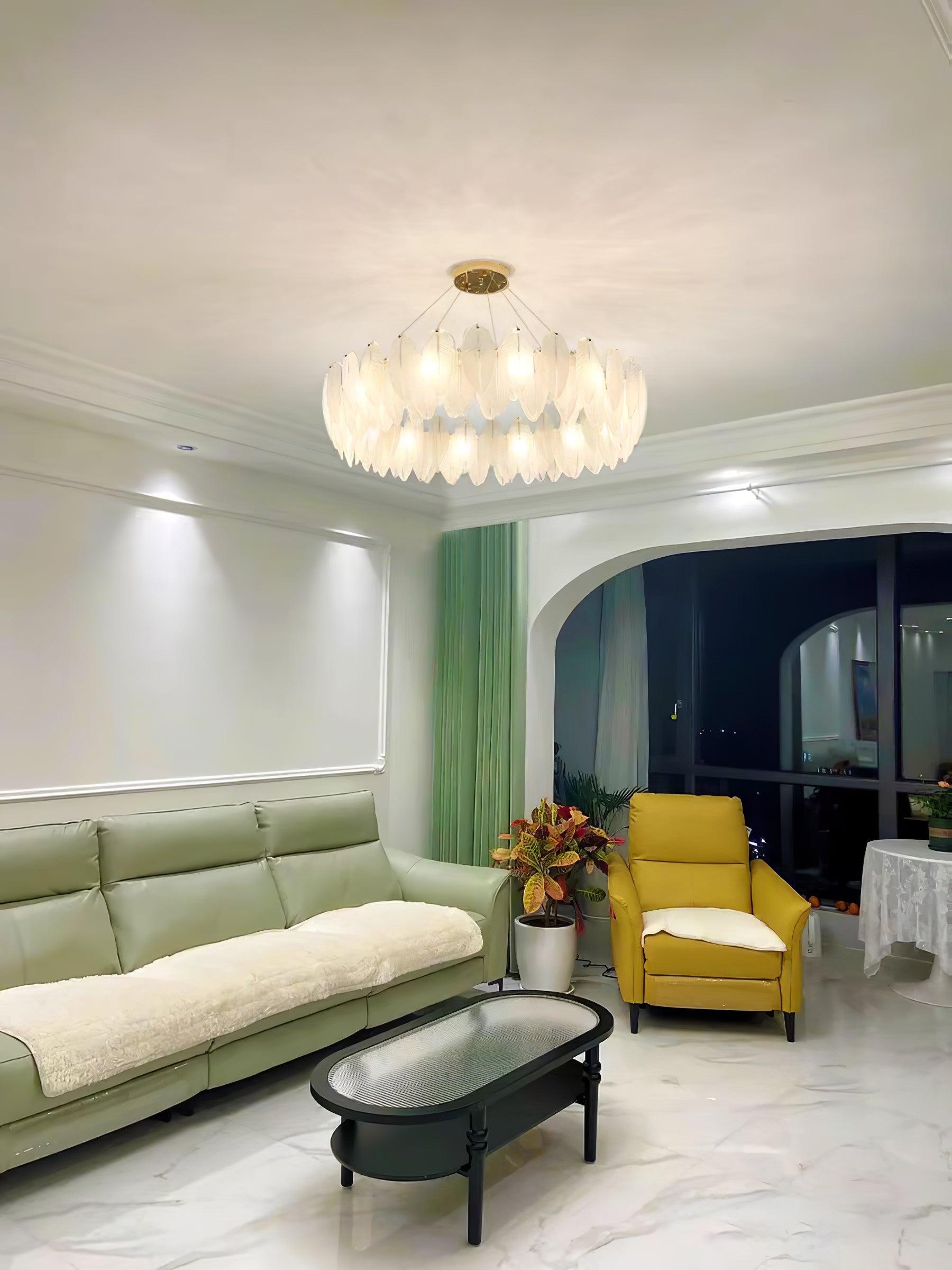Modern Frosted Glass Feather Chandelier Multi Tier Gold Pendant Light for Living Room