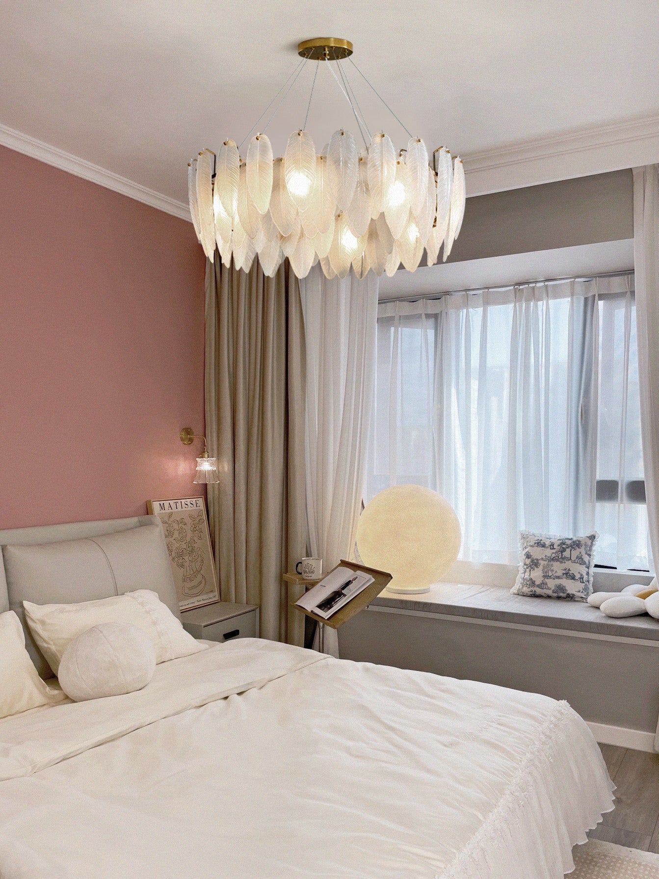 Modern Frosted Glass Feather Chandelier Multi Tier Gold Pendant Light for Living Room