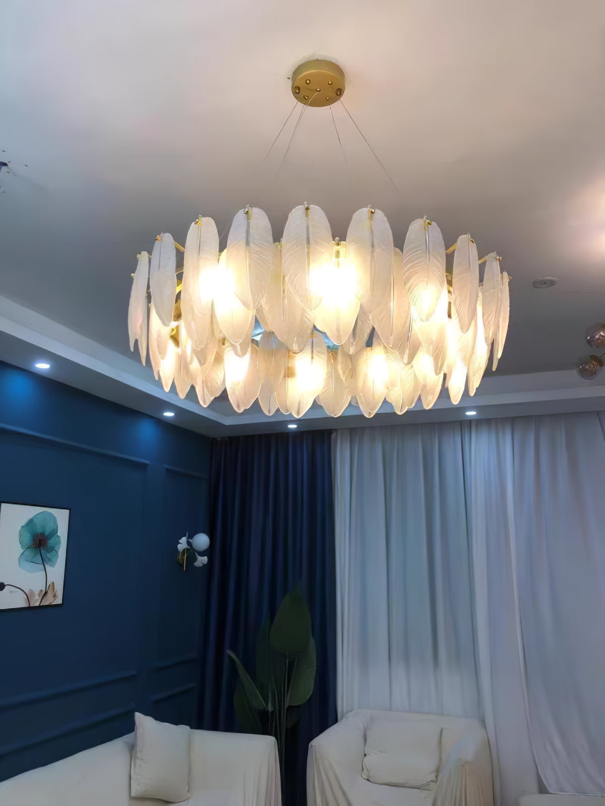 Modern Frosted Glass Feather Chandelier Multi Tier Gold Pendant Light for Living Room