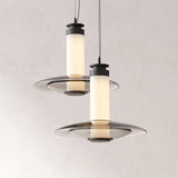 Modern Frosted Glass Tube Pendant Light with Reflective Metal Disc LED Minimalist Hanging Fixture