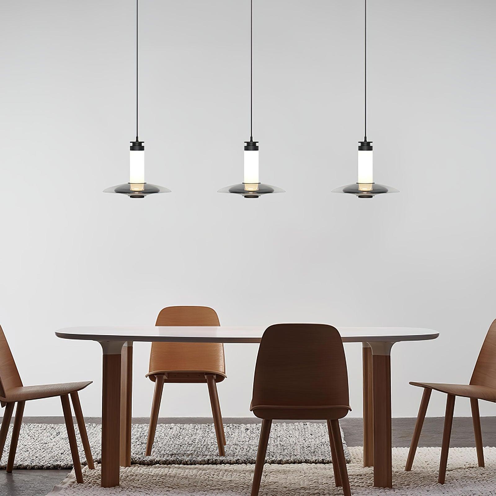 Modern Frosted Glass Tube Pendant Light with Reflective Metal Disc LED Minimalist Hanging Fixture