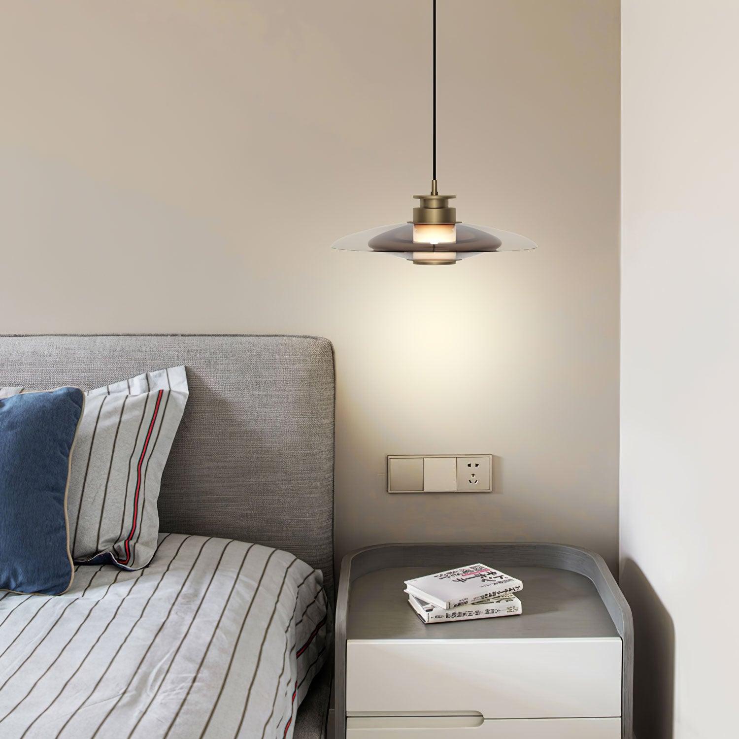 Modern Frosted Glass Tube Pendant Light with Reflective Metal Disc LED Minimalist Hanging Fixture