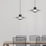 Modern Frosted Glass Tube Pendant Light with Reflective Metal Disc LED Minimalist Hanging Fixture