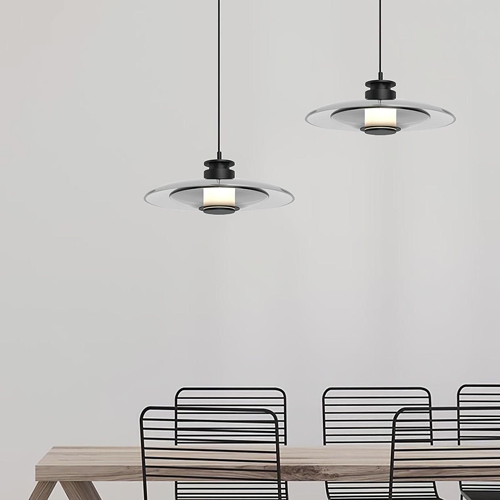 Modern Frosted Glass Tube Pendant Light with Reflective Metal Disc LED Minimalist Hanging Fixture