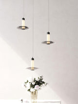Modern Frosted Glass Tube Pendant Light with Reflective Metal Disc LED Minimalist Hanging Fixture
