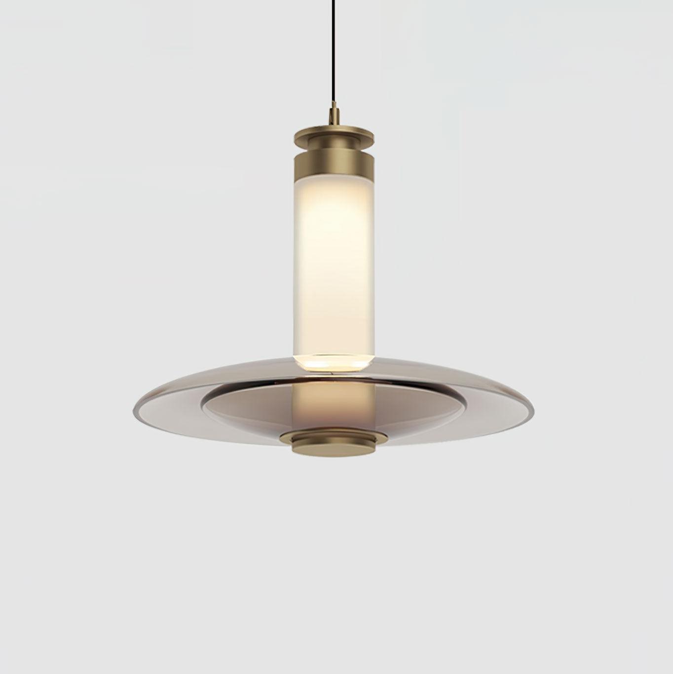 Modern Frosted Glass Tube Pendant Light with Reflective Metal Disc LED Minimalist Hanging Fixture