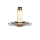 Modern Frosted Glass Tube Pendant Light with Reflective Metal Disc LED Minimalist Hanging Fixture