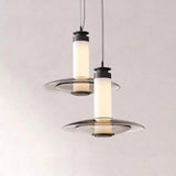 Modern Frosted Glass Tube Pendant Light with Reflective Metal Disc LED Minimalist Hanging Fixture