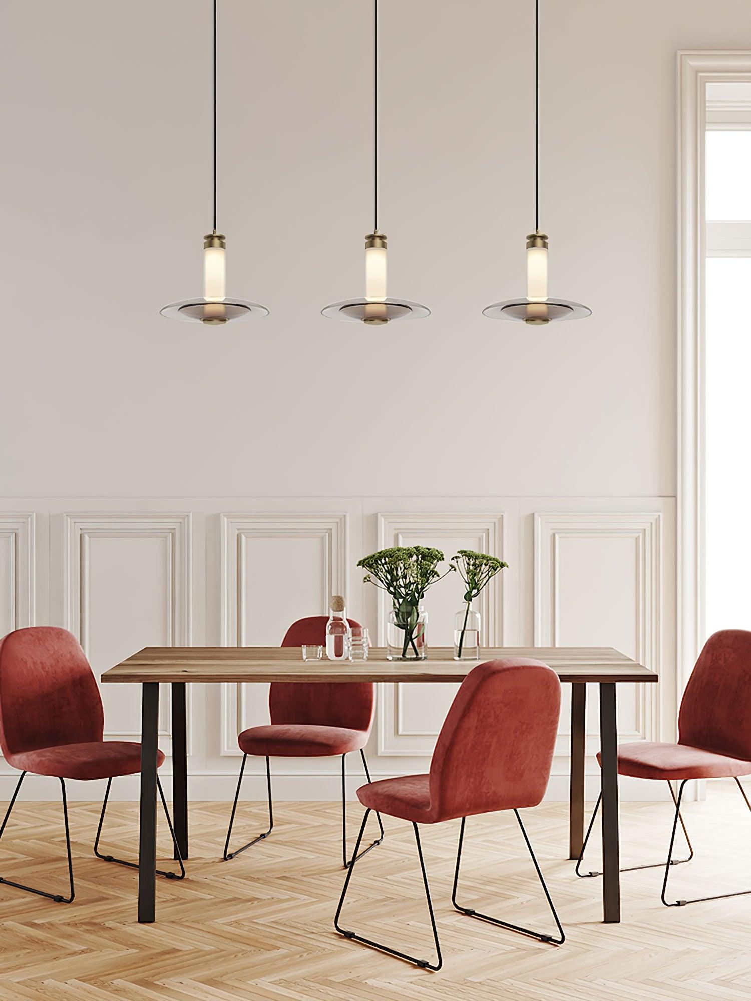 Modern Frosted Glass Tube Pendant Light with Reflective Metal Disc LED Minimalist Hanging Fixture