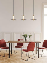 Modern Frosted Glass Tube Pendant Light with Reflective Metal Disc LED Minimalist Hanging Fixture
