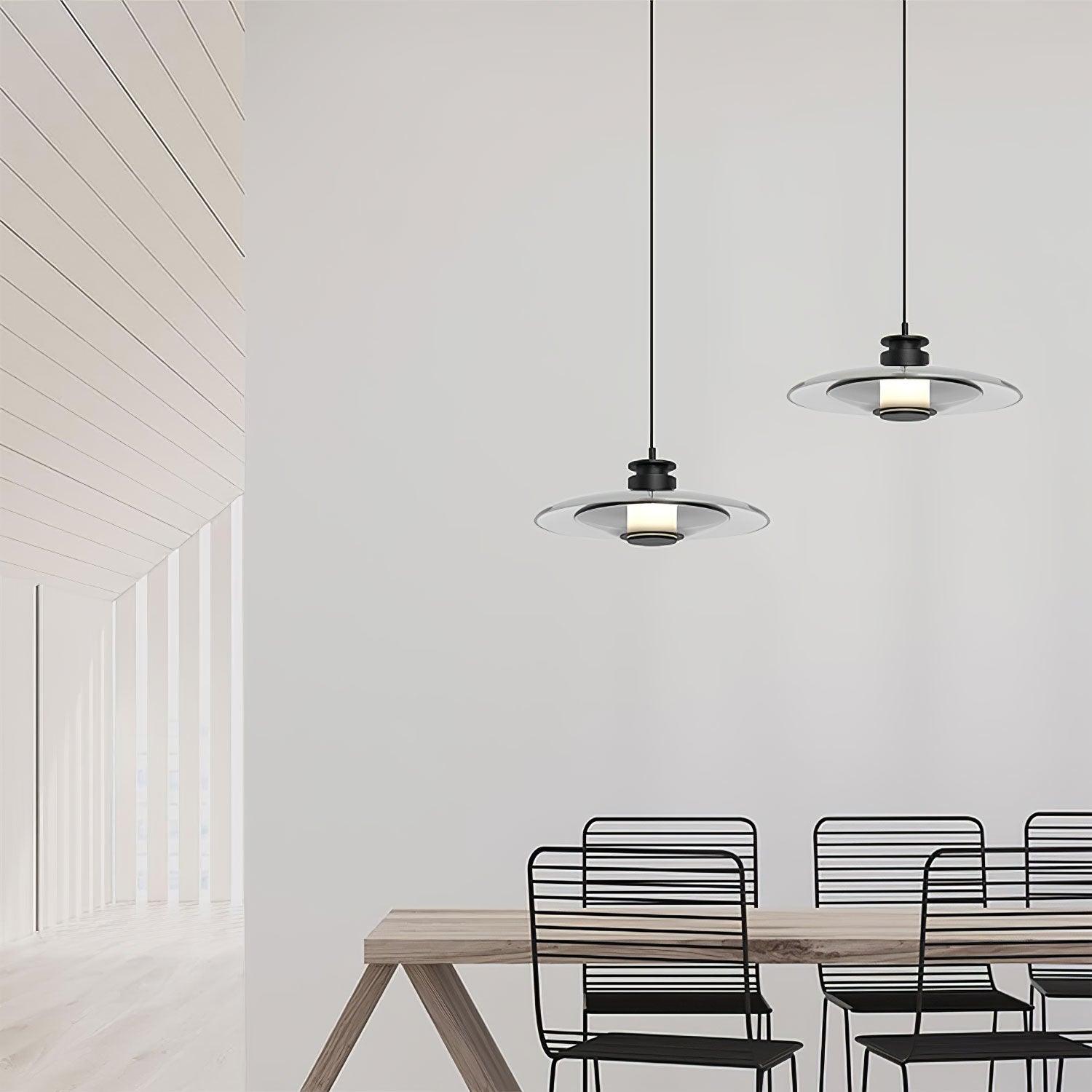 Modern Frosted Glass Tube Pendant Light with Reflective Metal Disc LED Minimalist Hanging Fixture