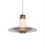 Modern Frosted Glass Tube Pendant Light with Reflective Metal Disc LED Minimalist Hanging Fixture