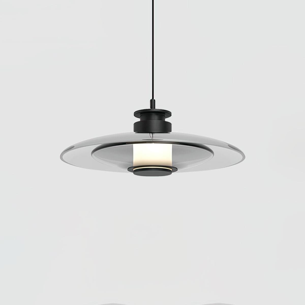 Modern Frosted Glass Tube Pendant Light with Reflective Metal Disc LED Minimalist Hanging Fixture