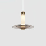 Modern Frosted Glass Tube Pendant Light with Reflective Metal Disc LED Minimalist Hanging Fixture