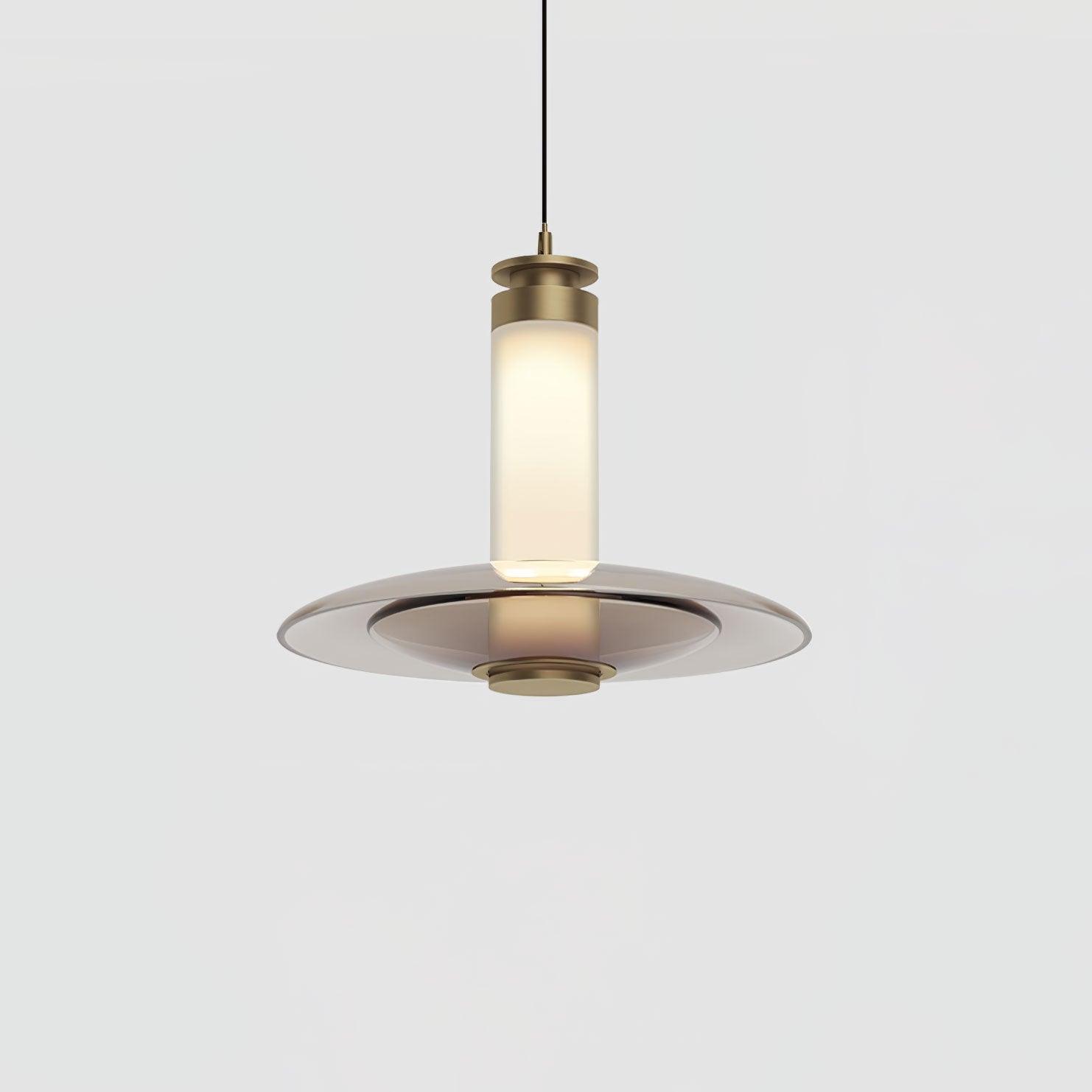 Modern Frosted Glass Tube Pendant Light with Reflective Metal Disc LED Minimalist Hanging Fixture