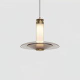 Modern Frosted Glass Tube Pendant Light with Reflective Metal Disc LED Minimalist Hanging Fixture
