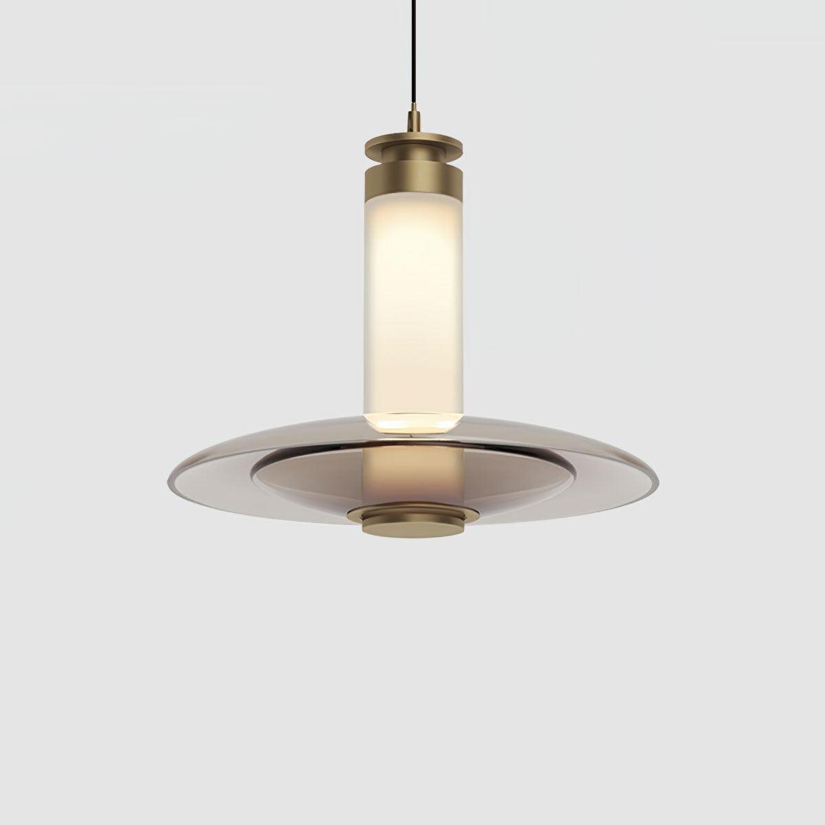Modern Frosted Glass Tube Pendant Light with Reflective Metal Disc LED Minimalist Hanging Fixture