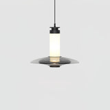 Modern Frosted Glass Tube Pendant Light with Reflective Metal Disc LED Minimalist Hanging Fixture