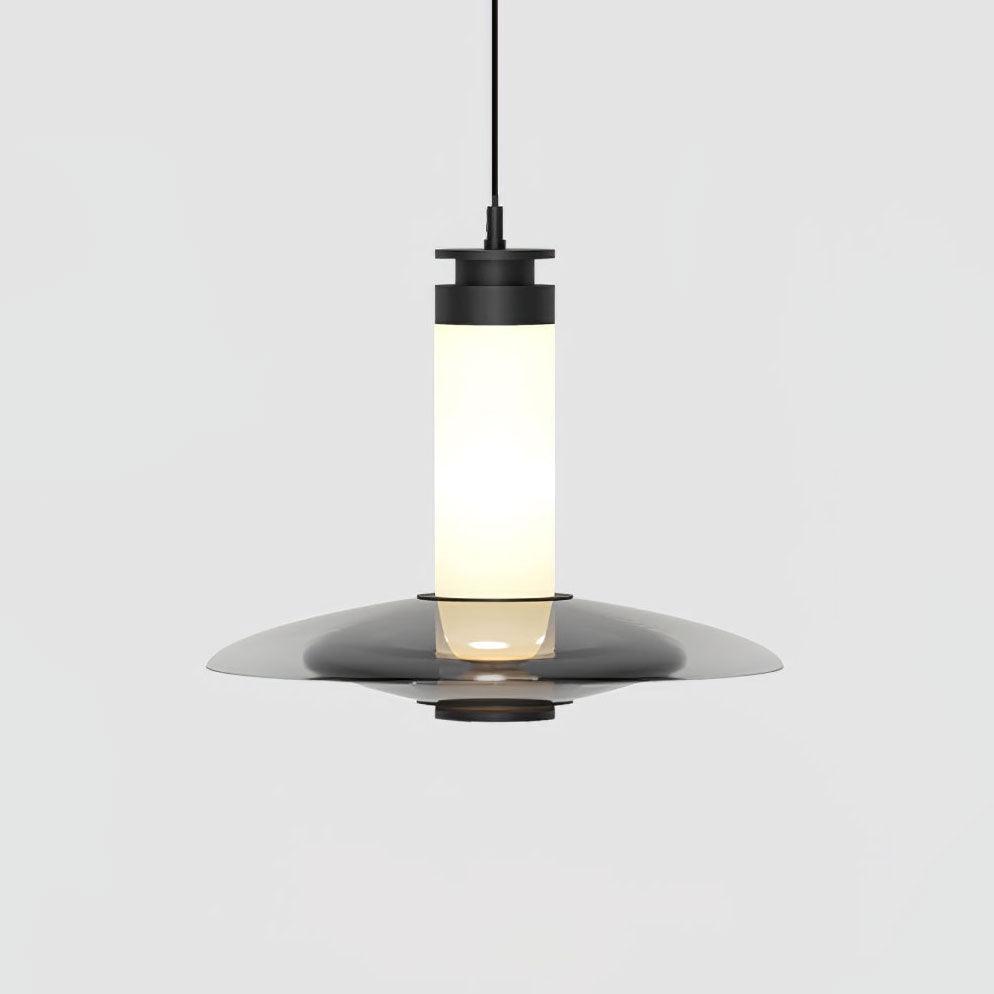 Modern Frosted Glass Tube Pendant Light with Reflective Metal Disc LED Minimalist Hanging Fixture