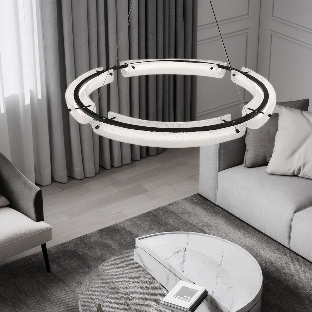 Modern Frosted Water Glass LED Ring Chandelier Minimalist Black Iron Pendant Light