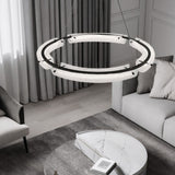 Modern Frosted Water Glass LED Ring Chandelier Minimalist Black Iron Pendant Light