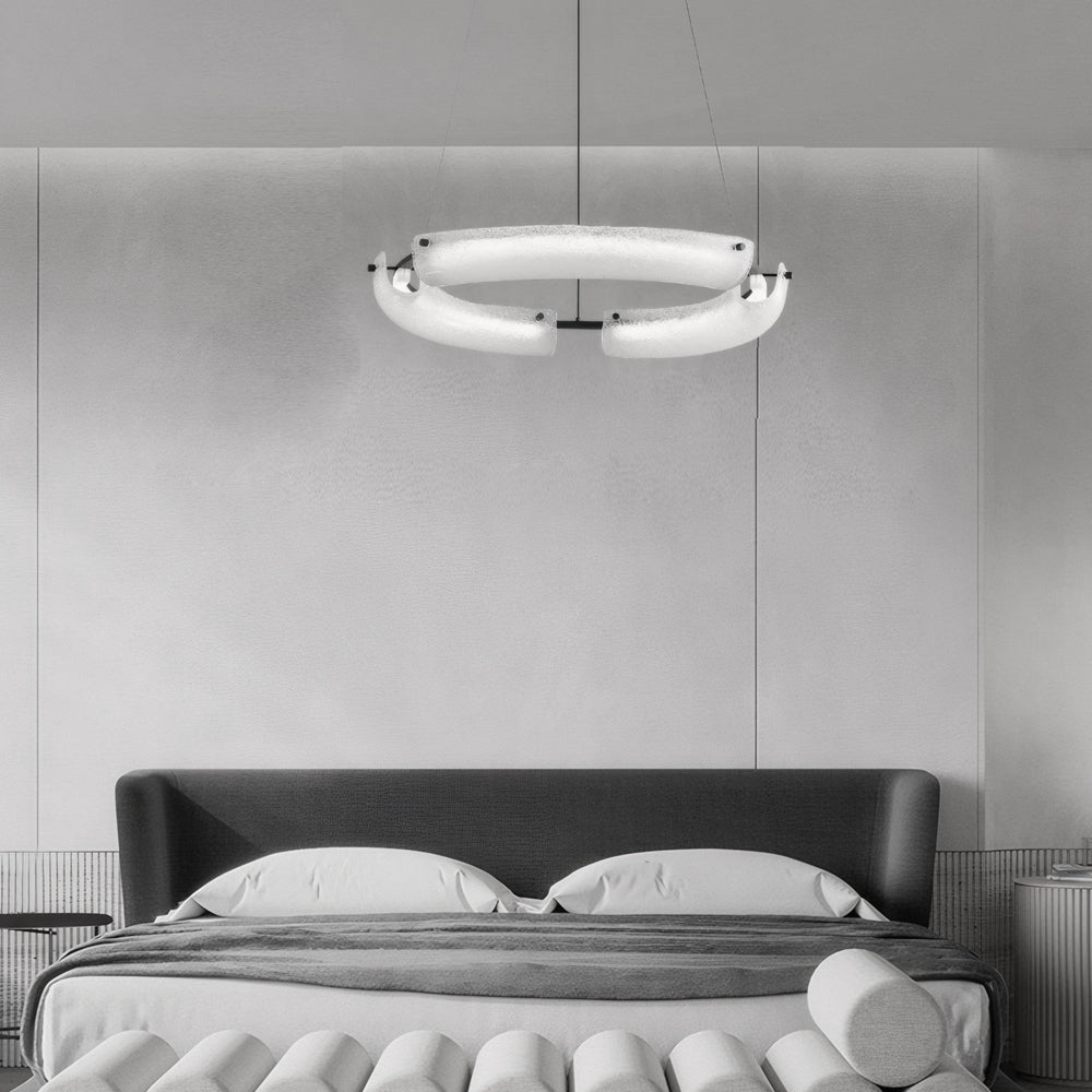 Modern Frosted Water Glass LED Ring Chandelier Minimalist Black Iron Pendant Light