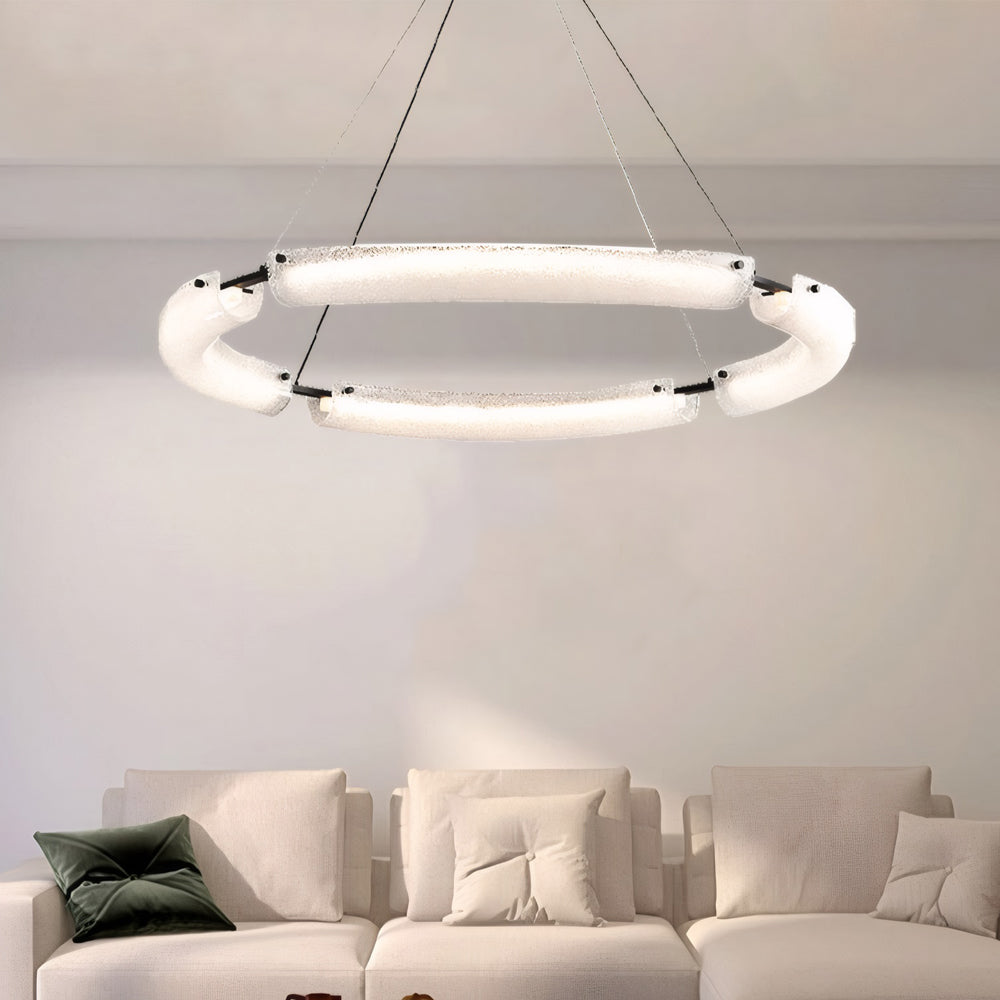 Modern Frosted Water Glass LED Ring Chandelier Minimalist Black Iron Pendant Light