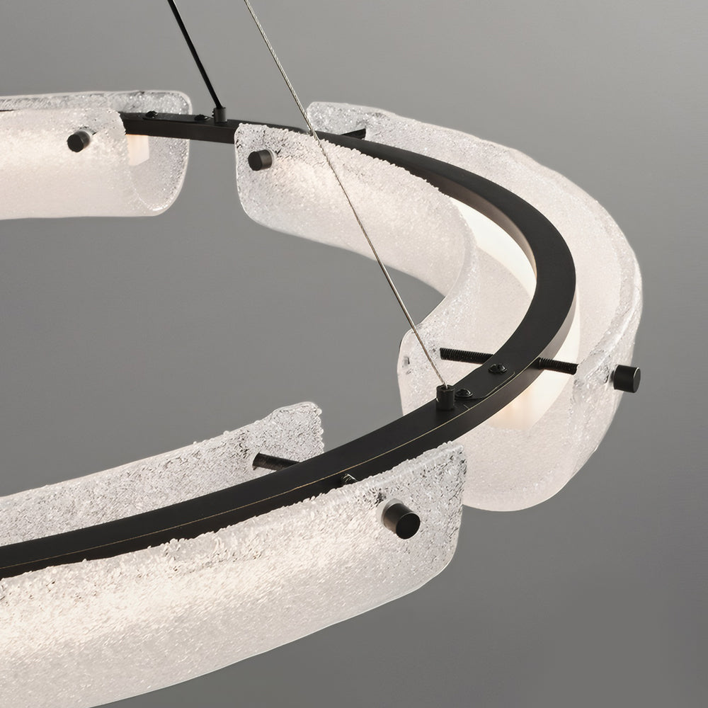 Modern Frosted Water Glass LED Ring Chandelier Minimalist Black Iron Pendant Light
